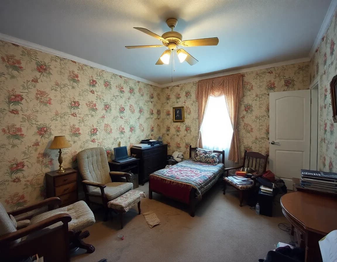 Bedroom before AI room design — outdated decor