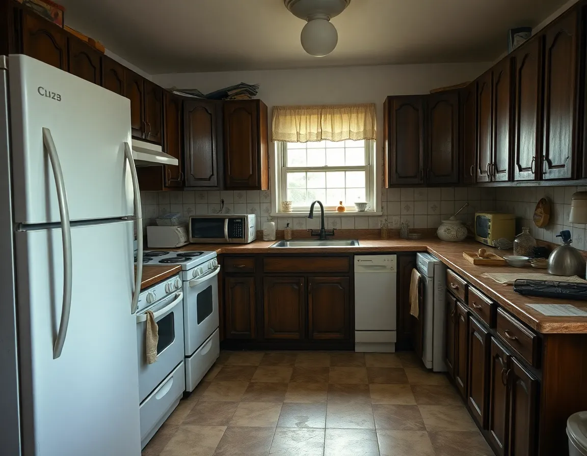Kitchen before AI remodel — old dark cabinets
